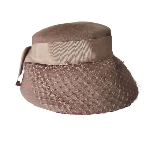 1950s Glenover Henry Pollack Wool Hat Mocha Brown Veil Bridal Vintage Millinery - Picture 4 of 12
